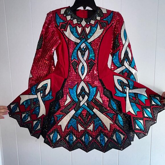 Vintage Red Blue Black White Sequined Celtic Irish Dancing Competition Dress